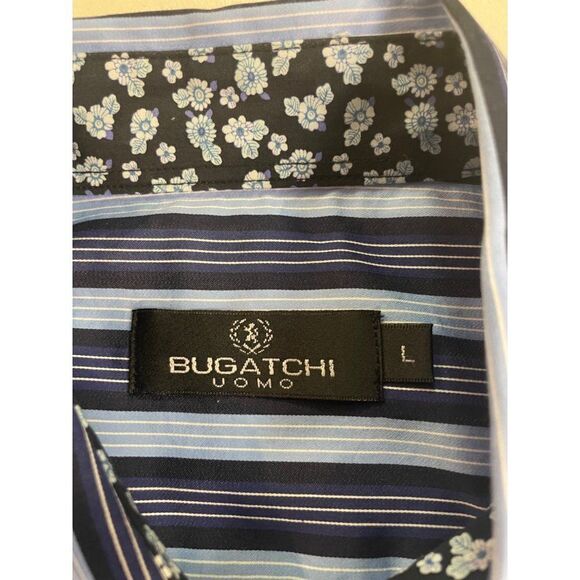 Bugatchi Uomo Blue Stripe Cotton Shirt Large - Picture 5 of 5